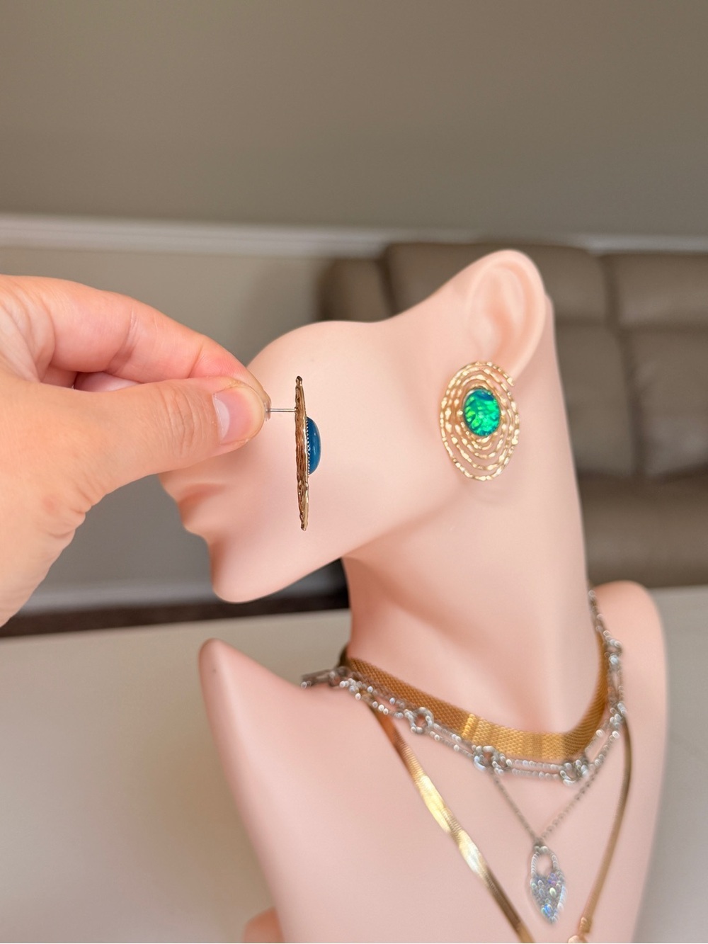 Gold-Tone Earrings with Green Opal Center - Women Jewelry - Picture 4 of 11